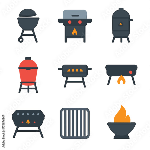 Grill Icon Collection. Flat icon set of stoves & grills: charcoal grill, gas grill, smoker, kamado grill,