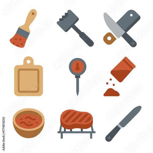 Meat Preparation Tools Icons. Flat icon set of meat preparation: marinade brush, meat tenderizer, butcher