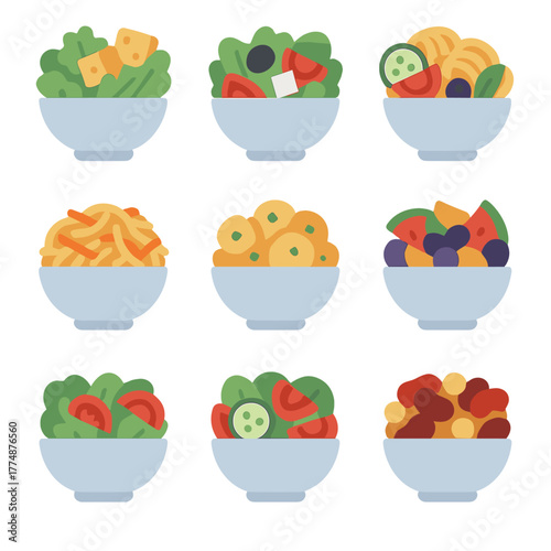 Salad Icon Grid. Flat icon set of salad bowls: Caesar salad, Greek salad, pasta salad, coleslaw, potato salad,
