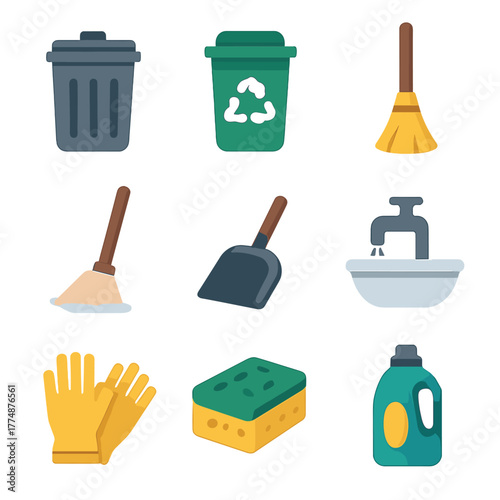 Party Cleanup Icons. Flat icon set of party cleanup: trash bin, recycling bin, broom, mop, dustpan, wash