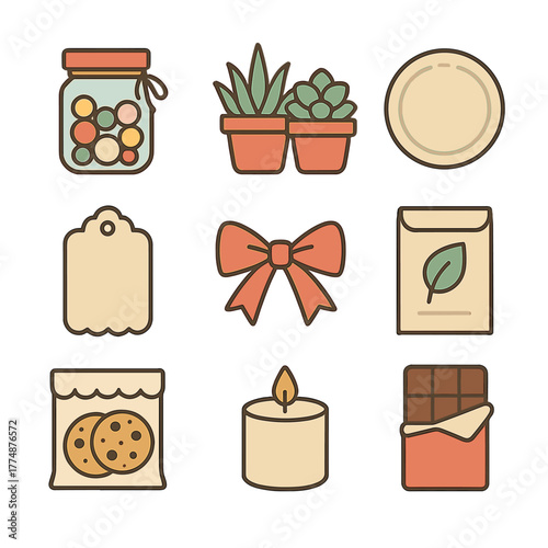 DIY Party Favor Icons. Flat icon set of DIY party favors: mason jar gift, mini succulents, custom label, thank