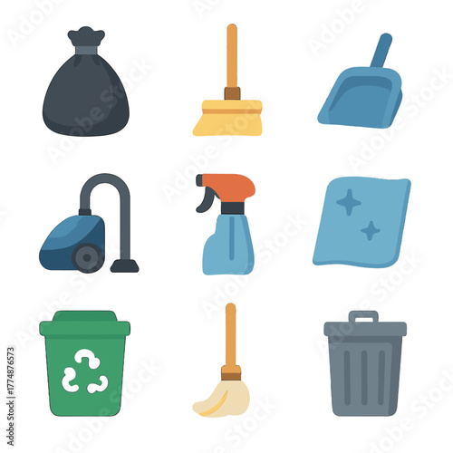 Party Cleanup Icons. Flat icon set of party cleanup tools: trash bag, broom, dustpan, vacuum, spray bottle,