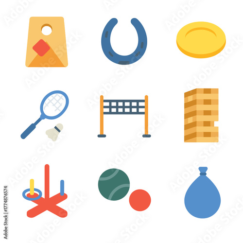 Party Games Icons. Flat icon set of party games: cornhole board, horseshoe, frisbee, badminton racket,