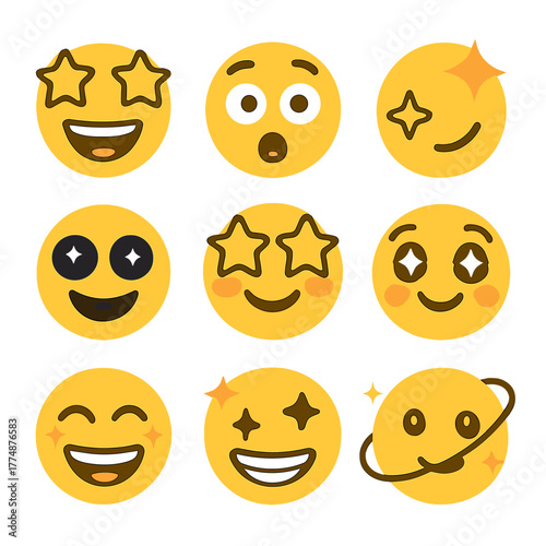 Starry Expression Icons. Flat icon set of star-struck: star eyes, dazzled mouth, shining stars, cosmic grin,