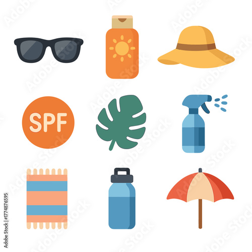 Sun Protection Icons. Flat icon set of sun with weather: sun with rain, sun with snowflake, sun with lightning