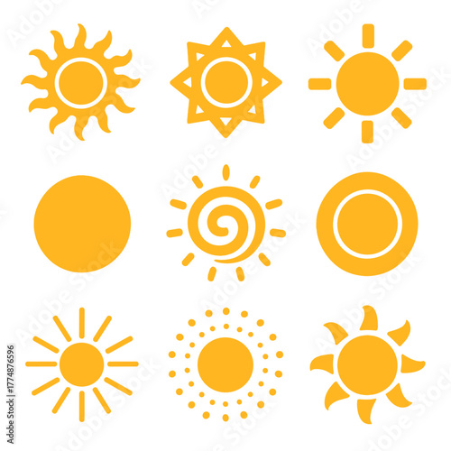 Sun Icon Collection. Flat icon set of sun motifs: tribal sun, geometric sun, abstract sun, spiral sun,