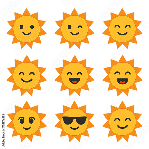 Sunny Faces Icon Set. Flat icon set of sun with faces: smiling sun, winking sun, sleepy sun, grinning sun,