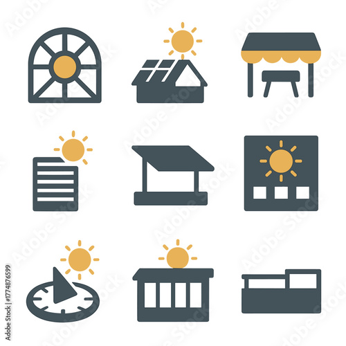Sunshine Architectural Icons. Flat icon set of sun in architecture: sunburst window, sun roof, sunshade awning