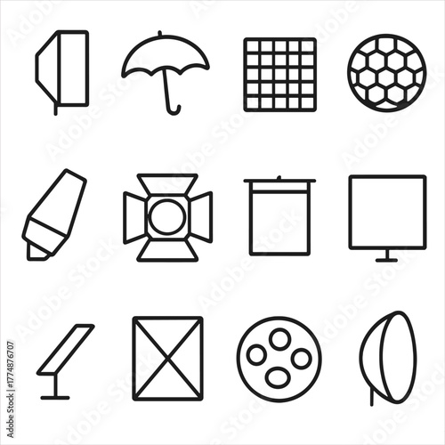 Icon Set_ Light Modifiers. Outline icon set of light modifiers: softbox, umbrella, grid, honeycomb, snoot,