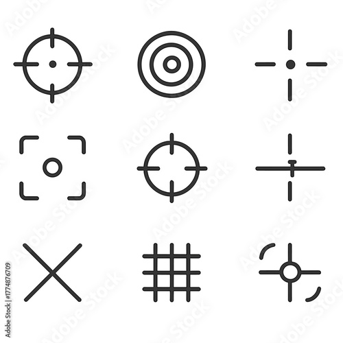Crosshair Icon Set. Outline icon set of crosshair and target: crosshair icon, target bullseye, center marker,