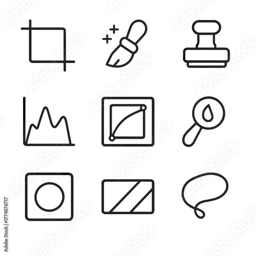 Photo Editing Icon Set. Outline icon set of gimbals and stabilizers: 3-axis gimbal, handheld stabilizer,