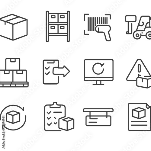 Inventory Icon Set. Outline icon set of return policy steps: request form, approval stamp, return label,