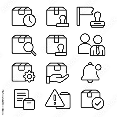 Approval States Icons. Outline icon set of warranty return: warranty card, terms book, warranty seal, defect