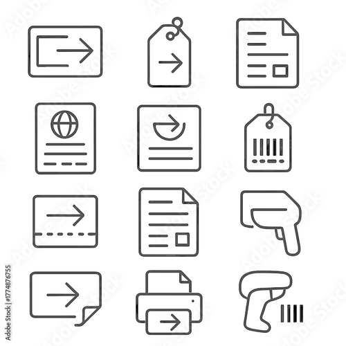 Return Labels Icons Grid. Outline icon set of return approval states: pending approval, approved stamp,