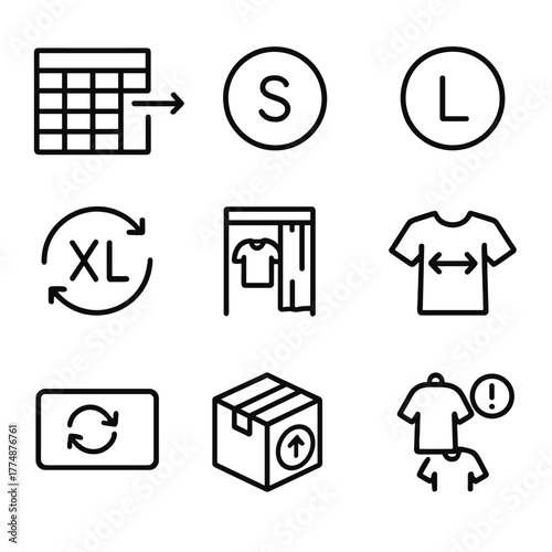 Size Exchange Icon Set. Outline icon set of return shipping: return box, packing tape, box cutter, shipping