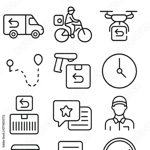 Courier Service Icons. Outline icon set of replacement item: replacement box, new item, exchange arrow,