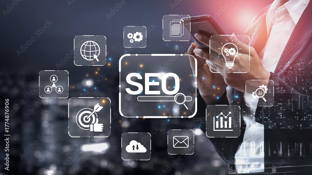 Fototapeta premium SEO concept for improving SEO visibility, with SEO related digital tools and SEO performance icons shown in an focused layout for strategic marketing. Muxer