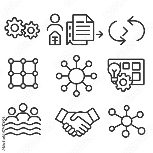 Cross-Functional Team Icons. Outline icon set of cross-functional teams: gear icons interlock, department