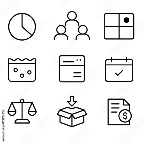 Resource Allocation Icons. Outline icon set of resource allocation: pie chart, stack of coins, person icons,