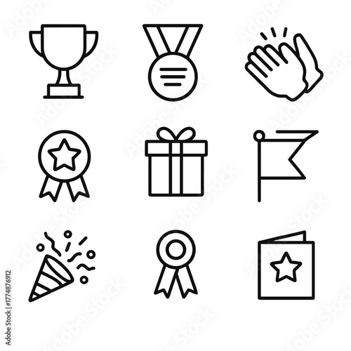 Employee Recognition Icons. Outline icon set of employee recognition: trophy, medal, certificate, applause