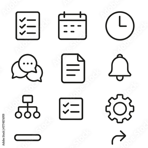 Productivity Tools Icons. Outline icon set of productivity tools: checklist, calendar, clock, chart, group