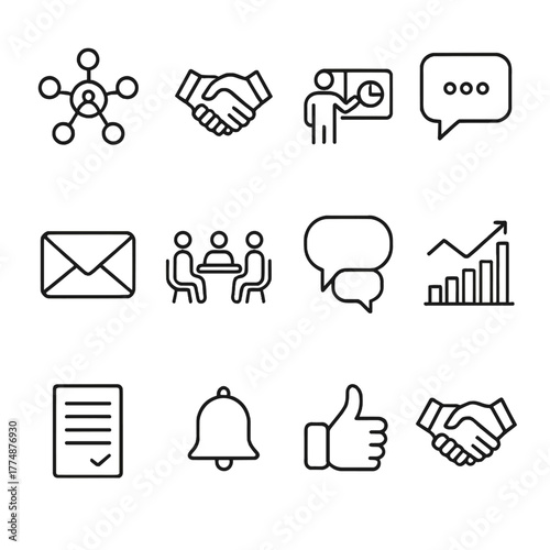 Stakeholder Engagement Icons. Outline icon set of stakeholder engagement: group network, handshake,