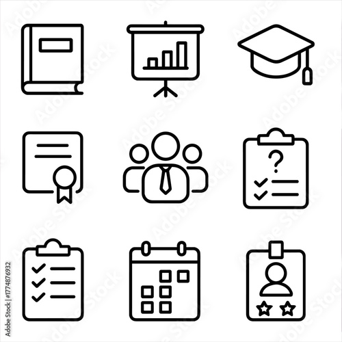 Corporate Training Icons. Outline icon set of corporate training: training manual, presentation screen,