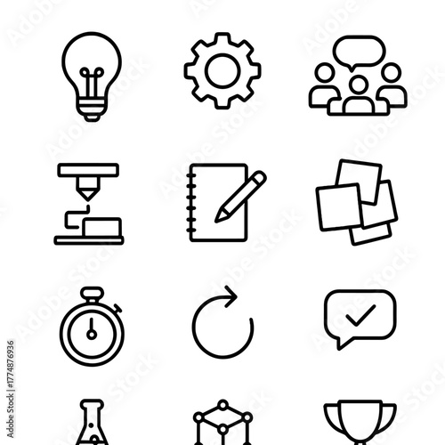 Innovation Workshop Icons. Outline icon set of innovation workshops: light bulb, gear icon, group discussion,