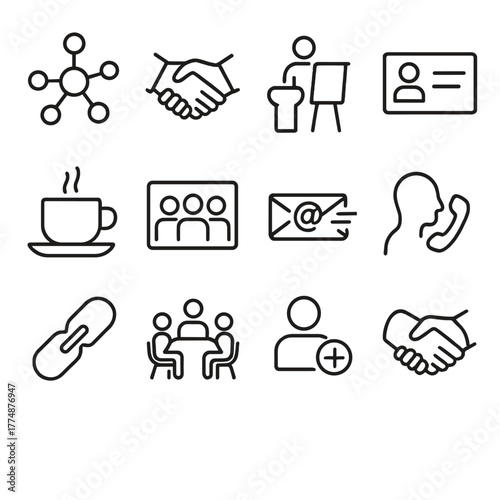 Team Networking Icons. Outline icon set of team networking: network nodes, handshake, elevator pitch, business