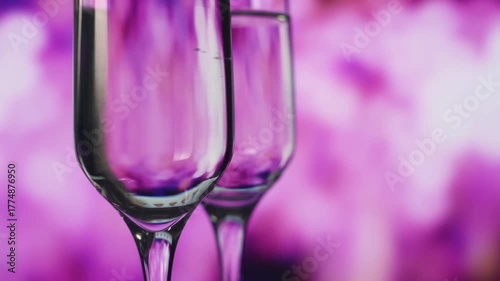 Two champagne flutes glowing in purple bokeh