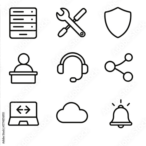 Иконки IT Поддержки. Outline icon set of IT support teams: server rack, wrench icon, screwdriver, shield icon,