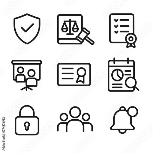 Compliance Icons Grid. Outline icon set of compliance teams: shield check, law book, gavel, checklist,