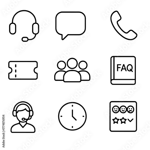 Customer Support Icons. Outline icon set of customer support teams: headset, chat bubble, phone handset, email