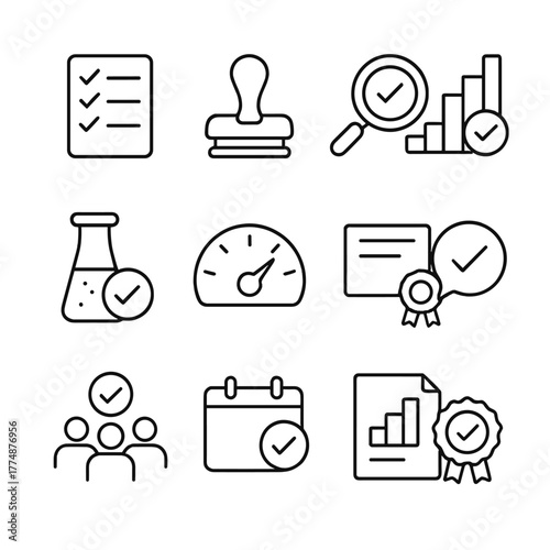 Quality Assurance Icons. Outline icon set of quality assurance: checklist, stamp approved, magnifying glass,