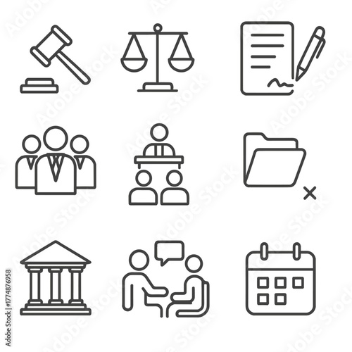 Legal Teamwork Icons. Outline icon set of legal teamwork: gavel, scales of justice, contract, pen, group of