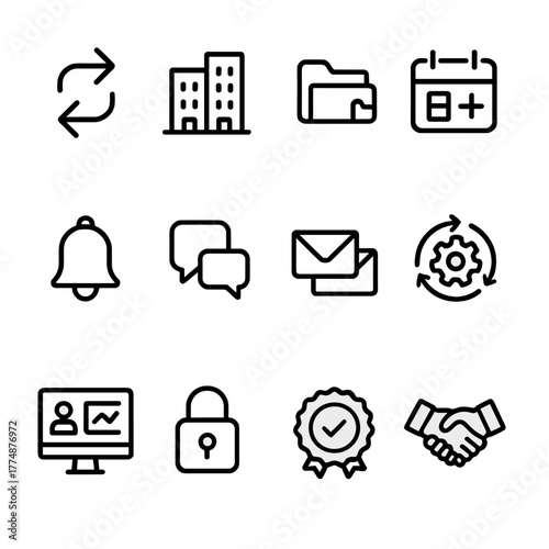 Department Sync Icons. Outline icon set of cross-department sync: two arrows, department icons, shared folder,