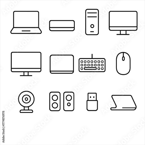 Tech Gear Icons. Outline icon set of laptop and desktop gear: open laptop, closed laptop, desktop tower,