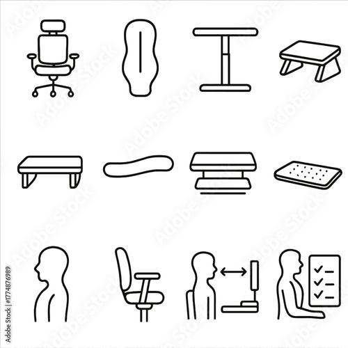 Ergonomic Furniture Icons. Outline icon set of ergonomic furniture: adjustable chair, lumbar support,