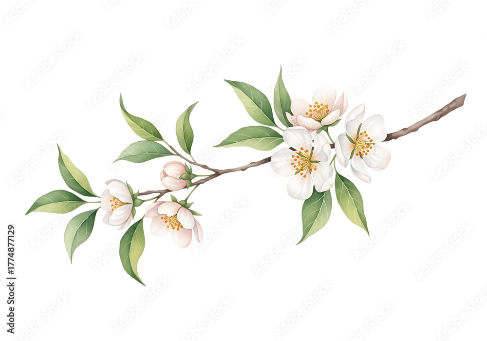 Fototapeta premium Watercolor branch with white flowers and green leaves isolated on transparent background