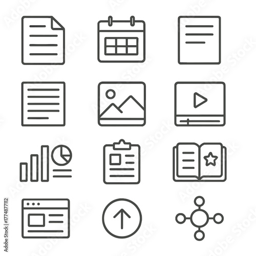 Content Marketing Icons. Outline icon set of content marketing: blog post, editorial calendar, headline, copy