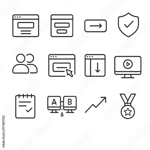 Иконки Конверсии. Outline icon set of conversion optimization: landing page, form field, CTA button, trust