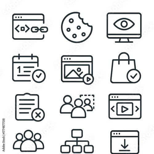 Retargeting Icon Set. Outline icon set of retargeting: pixel code, cookie, audience bucket, view-through,