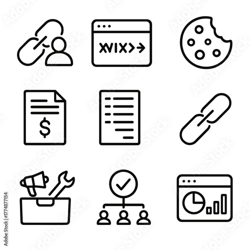 Affiliate Icons Grid. Outline icon set of affiliate marketing: partner link, tracking ID, referral cookie,