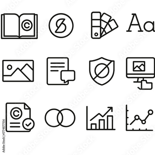 Brand Icon Set. Outline icon set of brand management: brand book, logo mark, color palette, typography,