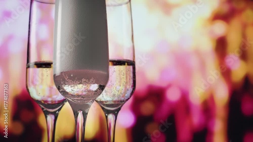 Three champagne flutes catching rising foam with pink bokeh