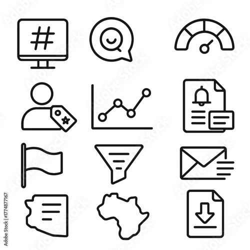 Social Listening Icons. Outline icon set of social listening: hashtag feed, mention bubble, sentiment meter,