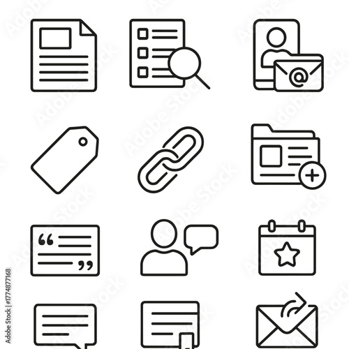 PR Icon Set. Outline icon set of PR and outreach: press release, media list, journalist contact, pitch email,