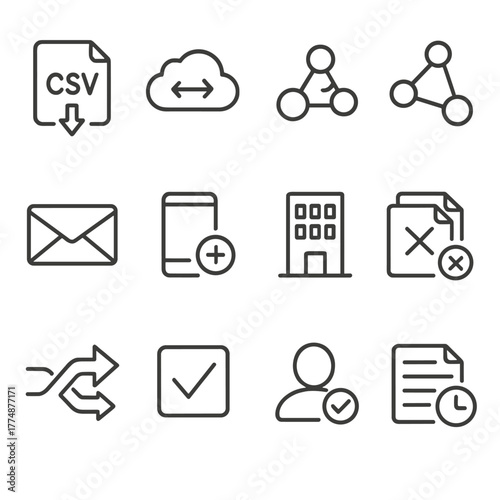 Data Enrichment Icons. Outline icon set of data enrichment: CSV import, API sync, webhook, identity graph,