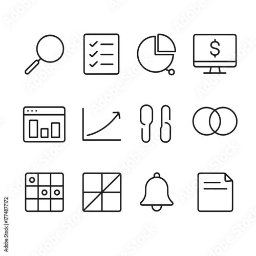 Competitor Analysis Icons. Outline icon set of competitor analysis: spyglass, competitor list, share of voice,