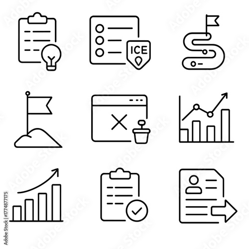 Growth Experiment Icons. Outline icon set of growth experiments: idea backlog, prioritization score, ICE
